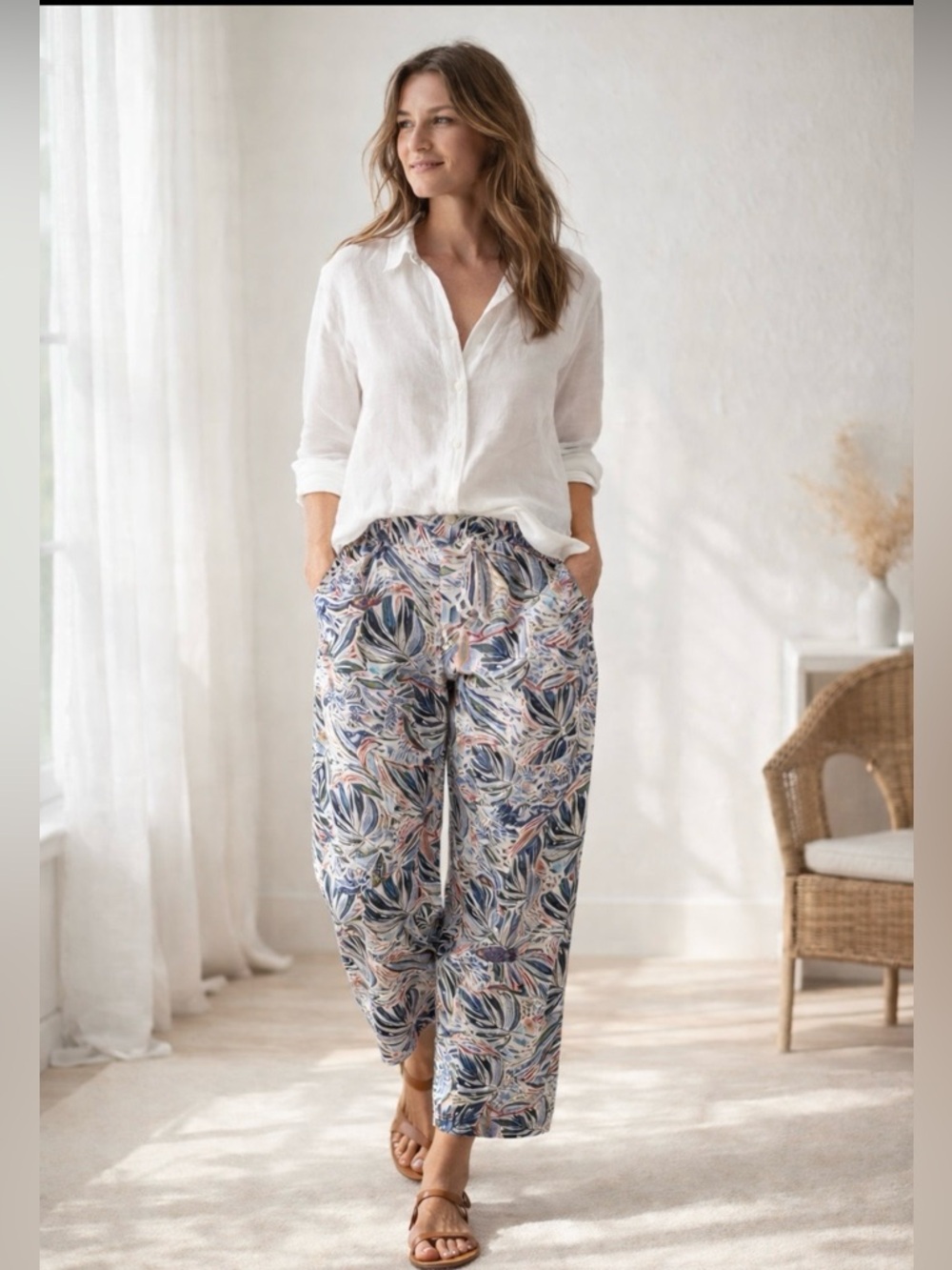 Cc California Elastic Waist colorful summer linen cropped wide leg pants- medium